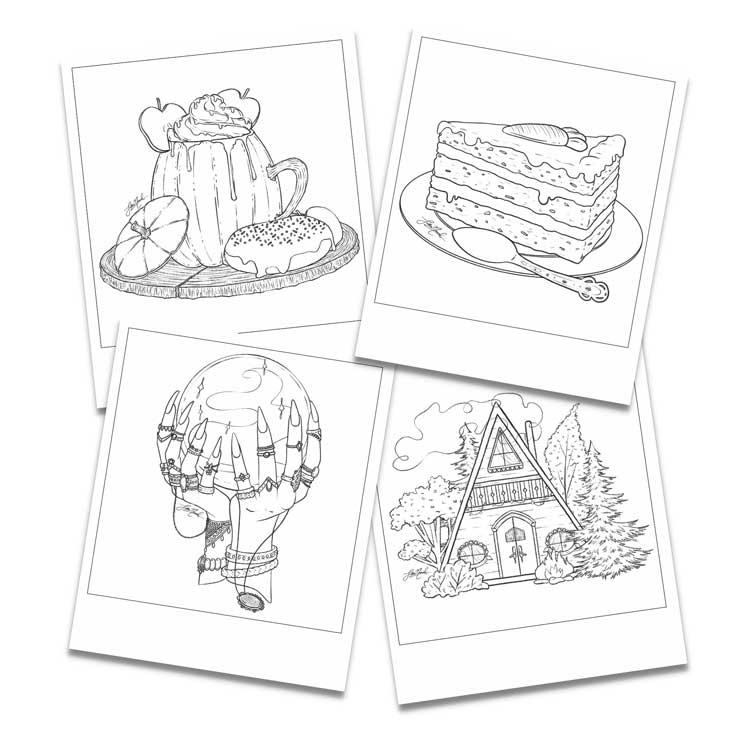 Autumn SET of 4 B&W Polaroid Prints / Colouring Cards