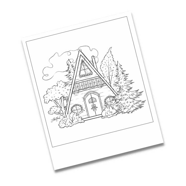 Autumn Cabin B&W Polaroid Print / Colouring Card